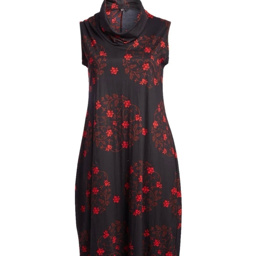 Aller Simplement Womans Midi Dress Sz XL Cowel Neck Sleeveless Black‎ Red Cotton